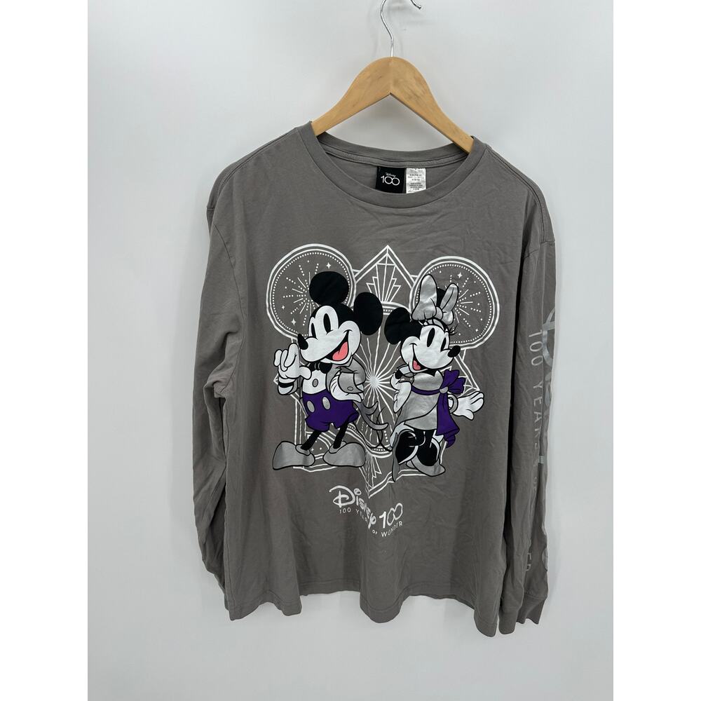 Disney 100 Years of Wonder Mickey Minnie Gray Long Sleeve Shirt Womens Size L